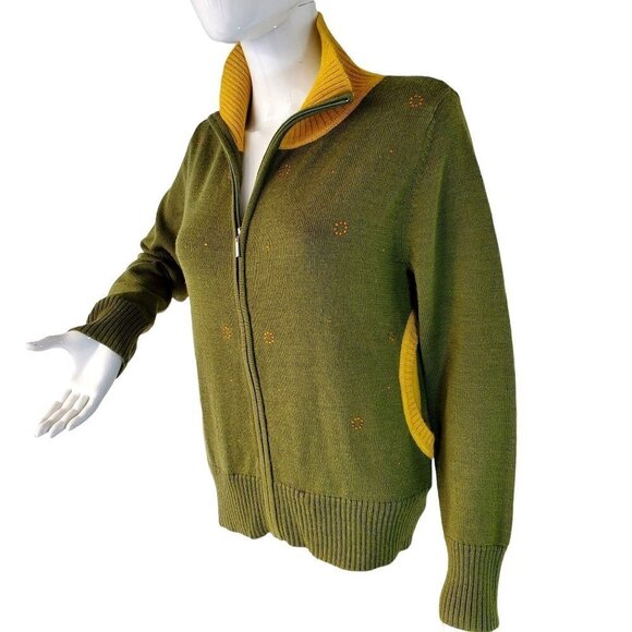 Full Zip Knit Cardigan Debra Lola Color Block Mock Neck Green Yellow Womens 10 - Picture 6 of 10